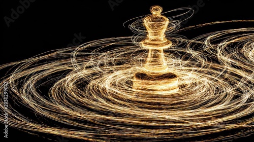 Illuminated chess piece figure emerges from swirling golden light trails against a dark background
