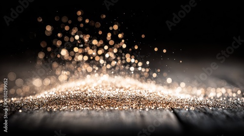 Pile of shimmering golden dust particles resting on a dark wooden surface with bright light effects