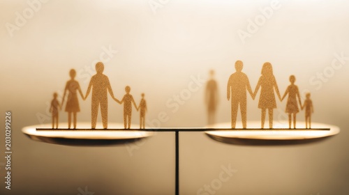 Paper cutout family groups balanced precariously on the pans of a small scale
