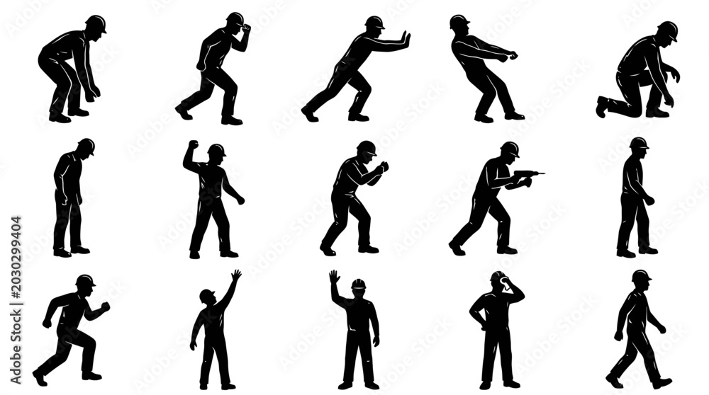 Fototapeta premium Black Silhouette Construction Worker Poses Vector Set - Industrial Laborer Actions