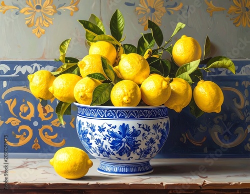 Vibrant Yellow Lemons Arranged in Blue White Ceramic Bowl on Ornate Tabletop Setting