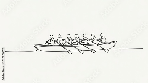 Rowing team in a boat on water crew members pulling oars in unison teamwork and sportsmanship concept