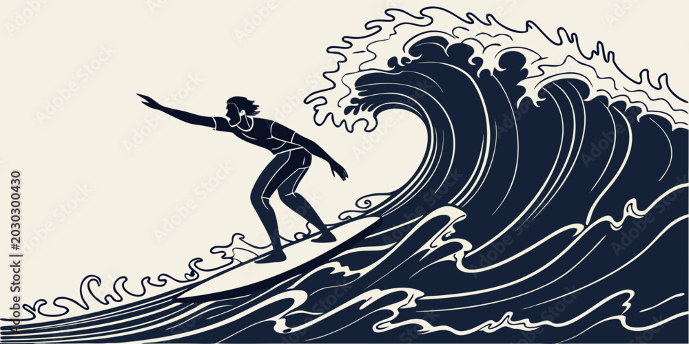 Ταπετσαρία Detailed surfer catching a large breaking wave vector art with surfboard lifesty