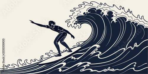 Fotografija Detailed surfer catching a large breaking wave vector art with surfboard lifesty