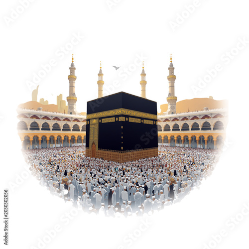 Holy Kaaba in Mecca with Crowds of Pilgrims Performing Hajj