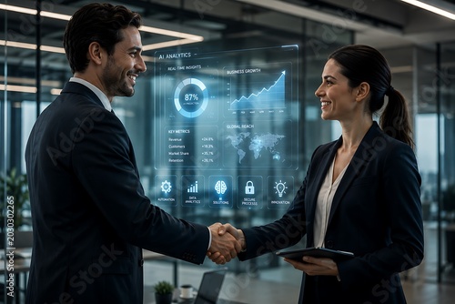 Business professionals shaking hands in front of a holographic data display with analytics charts