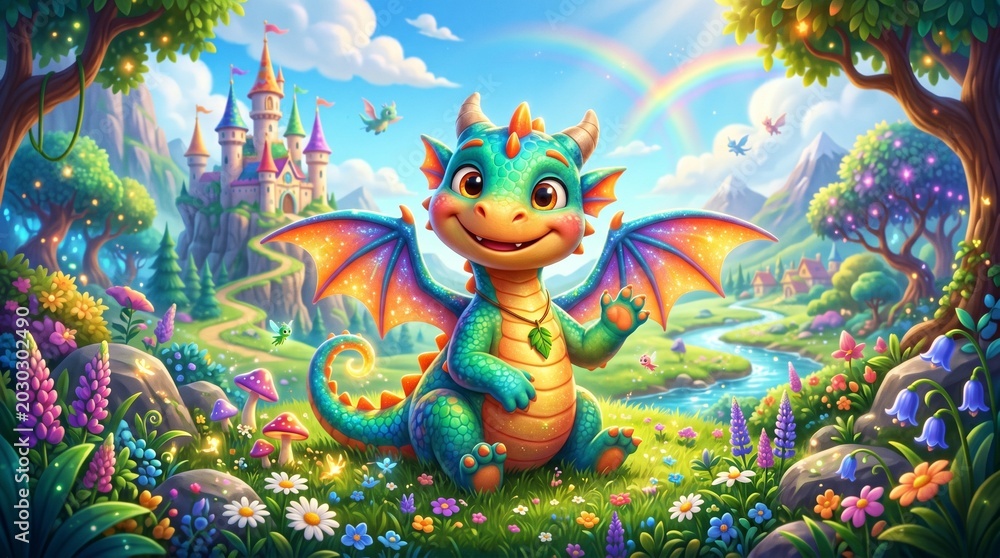 Naklejka premium Cute Baby Dragon Cartoon Fantasy Character Illustration