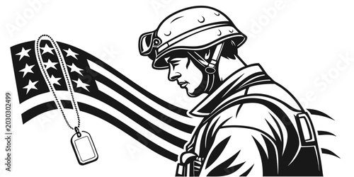 Canvastavla Soldier portrait with dog tags and waving american flag graphic military america