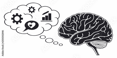 Foto Human brain icon with thought bubble containing business and emotional concepts