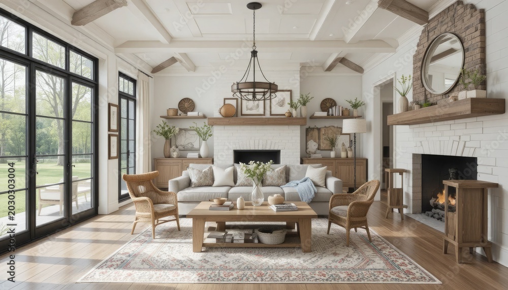 Fototapeta premium Cozy living room with fireplace and large windows, modern farmhouse style interior design with white brick and wooden accents and furniture