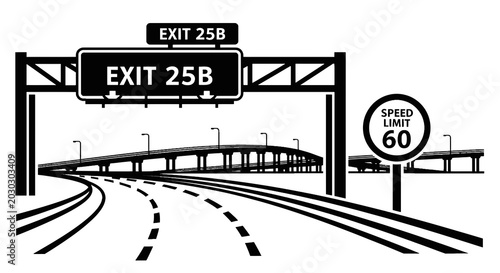 Photos Black and white highway exit sign.