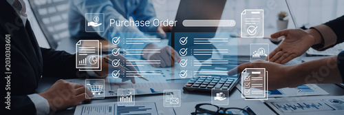 Business people discussing purchase order process with documents on table and digital interface icons representing paperwork  approval  and tracking systems. Bitwise.