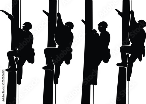Foto Arborist tree climbing silhouette vector set, professional tree surgeon at work,