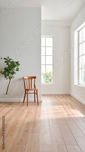 Minimalist room with wooden floor, chair, and windows