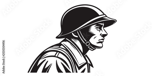 Fotografía Black and white profile graphic of a soldier wearing a combat helmet with milita