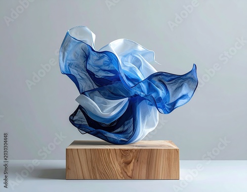 Blue and white fabric floating above wooden block
