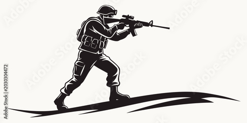 Canvas Print Military soldier moving across terrain tactical silhouette graphic with military