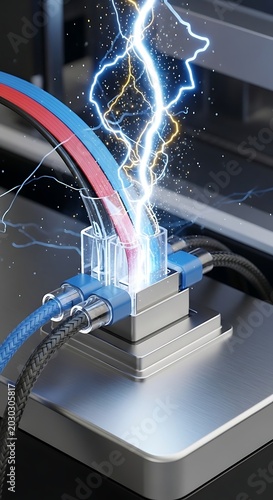 Powerful electricity surge through network cables symbolizing high speed data transfer and digital connection overload