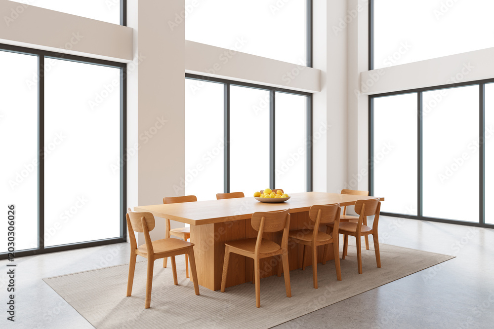 Fototapeta premium Modern dining room with wooden table and chairs shown in realistic style on white background, concept of interior minimalism and comfort, 3D Rendering