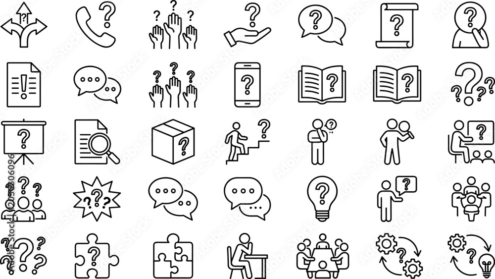 Foto Question and support line icons collection featuring communication problem solvi