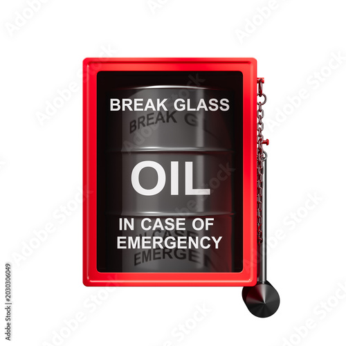 Tableau sur toile Oil barrel placed in a red break‑glass case in realistic style on a white backgr