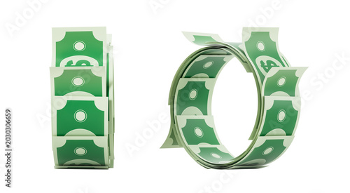 Stylized green dollar bills forming a stack and loop in clean 3D Rendering style on a white background  representing a creative money concept
