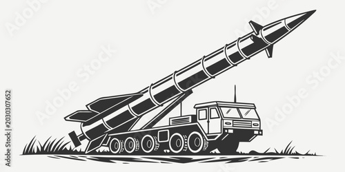 Foto Military mobile missile launcher system in firing position with launcher militar
