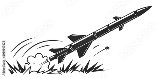 Foto Stylized graphic icon of a missile launching from the ground with smoke and blas