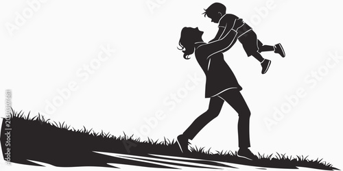 Bild auf Leinwand Silhouette graphic of a mother lifting her son in a playful outdoor scene with f