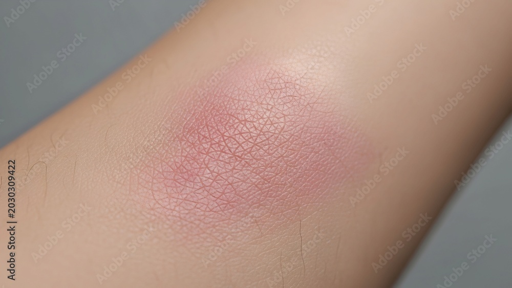 Fototapeta premium Close-up view of an irritated patch of skin on a human arm, displaying redness and inflammation, indicative of an allergic reaction, an insect bite, or a dermatological issue