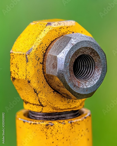 Close up of Weathered Yellow Metal Nut and Bolt