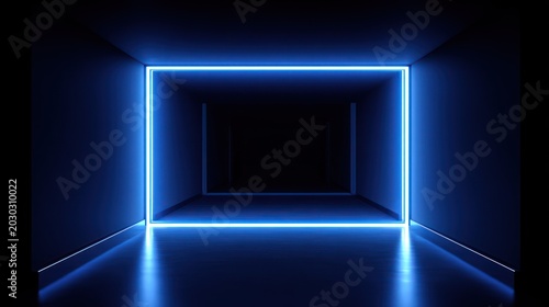 Bright blue luminous rectangular frame illuminates the interior of a dark, abstract corridor