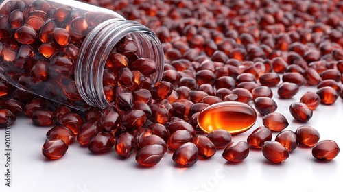 Numerous translucent reddish brown softgel capsules spill from an overturned transparent container.