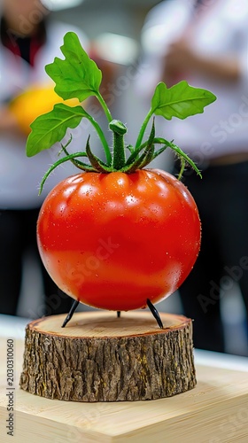 Closeup of a Fresh Red Tomato on Rustic Wooden Stand