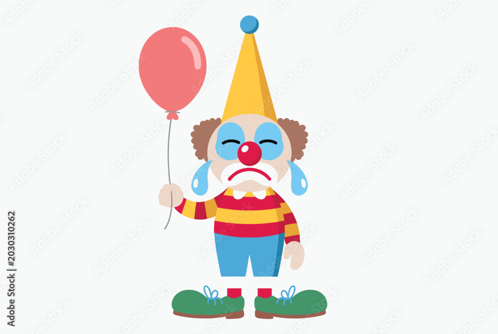Naklejka premium Sad clown wearing a colorful striped shirt and a yellow party hat shedding a blue tear while holding onto a red balloon.