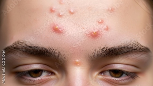 close-up showing a young person's forehead with multiple inflamed acne breakouts, a common dermatological challenge illustrating prevalent skin imperfections and adolescent skin health concerns