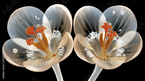 Two delicate blossoms exhibit intricate internal structures against a dark background