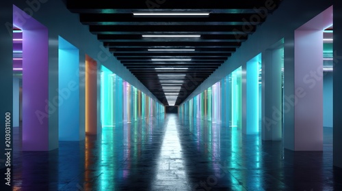 Symmetrical corridor features numerous glowing columns displaying vibrant neon illumination
