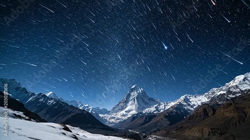 Snow covered mountains under a starry night sky with meteor streaks