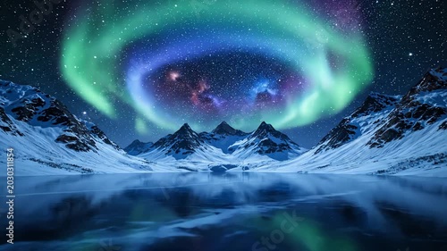 Stunning aurora borealis displaying over snow capped mountain peaks