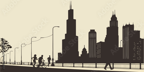 Quadro su tela Urban city skyline silhouette with people running and biking on a promenade by t