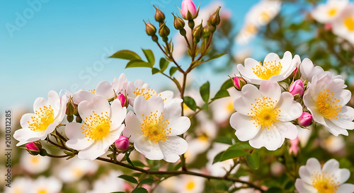 Graceful Wild Roses Blossom Under a Bright Blue Sky