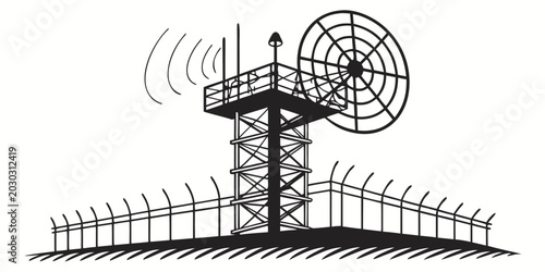 Photos Radar tower communication station with dish antenna on a fenced hill black and w