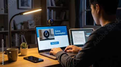 A student takes an online exam on a laptop with live webcam monitoring in a dimly lit room, virtual proctoring software, live chat activity, identity verification, and exam interface.