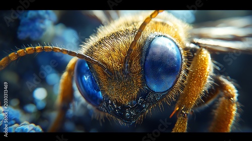 Close Up Golden Bee Sapphire Eyes Nature Wildlife Macro Photography