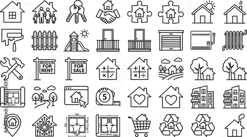 Collection of real estate and property management line icons featuring home renovation construction rental sale smart house and architecture concepts