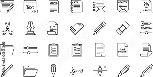 Office Editing and Document Management Line Icon Set Featuring Stationery Tools, File Organization and Creative Workflow Vector Symbols