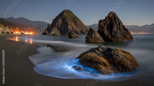 Bioluminescent waves wash over the dark sandy beach beneath towering coastal rock formations.