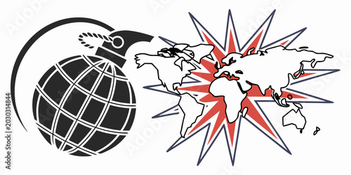 Tableau sur toile Concept of world war threat with globe bomb and exploding map conflict explosion