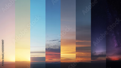 Vertical collage of sky imagery transitioning from dawn to starry night with clouds and celestial bodies time lapse day to night transition